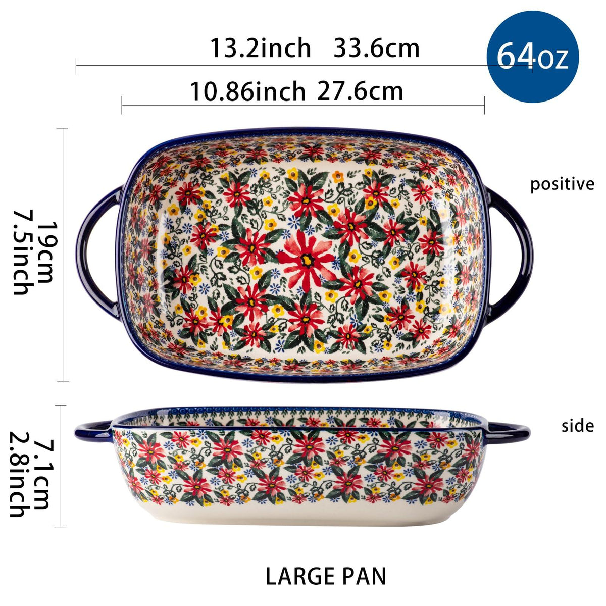 ONECCI Baking Dish Ceramic Baking Pan Blue Casserole Dish Rectangular Baking Set 2pcs Bakeware Sets Lasagna Pan Baking Dishes for oven (Exotic Daisy)