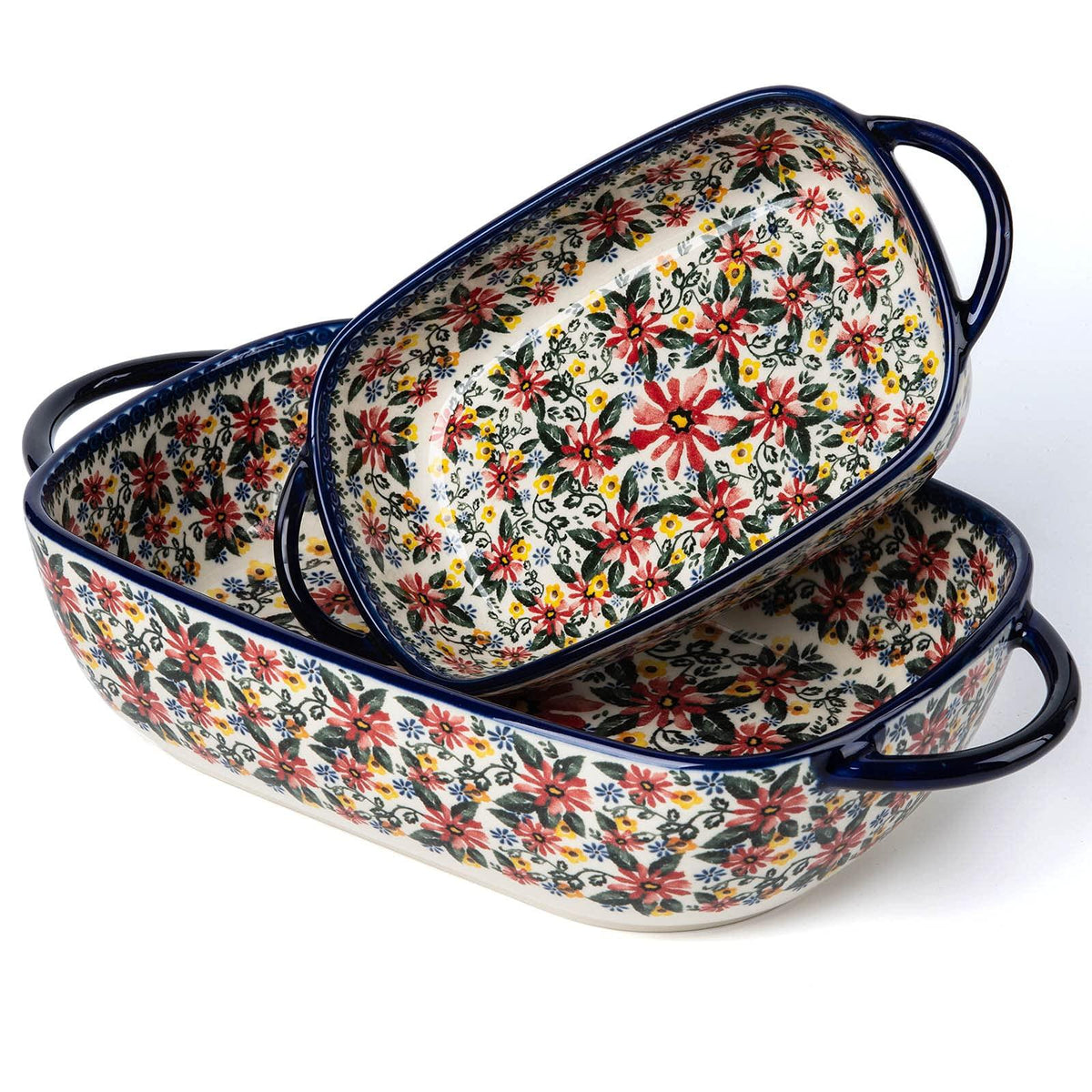 ONECCI Baking Dish Ceramic Baking Pan Blue Casserole Dish Rectangular Baking Set 2pcs Bakeware Sets Lasagna Pan Baking Dishes for oven (Exotic Daisy)