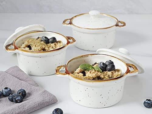ONEMORE Ceramic Ramekins with Lids - 6oz, Set of 4 - Oven Safe Small Casserole Dish with Handles - Cocotte Set for Individual Serving - Creamy White