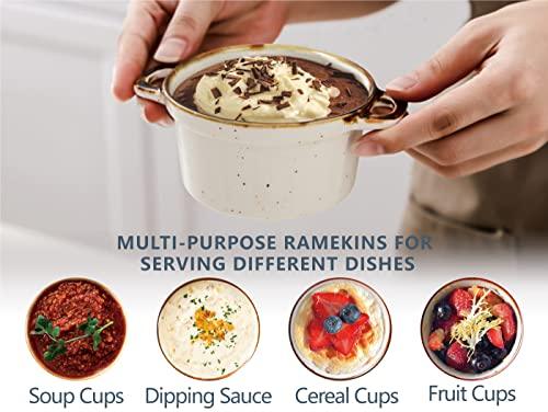 ONEMORE Ceramic Ramekins with Lids - 6oz, Set of 4 - Oven Safe Small Casserole Dish with Handles - Cocotte Set for Individual Serving - Creamy White