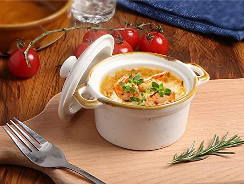 ONEMORE Ceramic Ramekins with Lids - 6oz, Set of 4 - Oven Safe Small Casserole Dish with Handles - Cocotte Set for Individual Serving - Creamy White