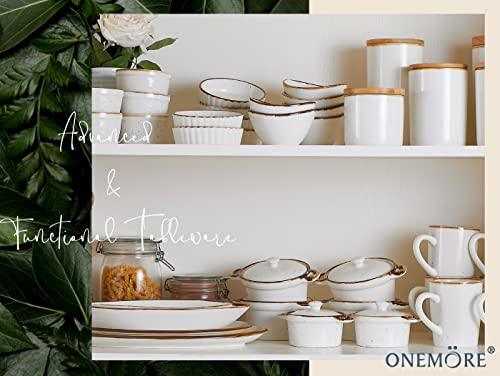 ONEMORE Ceramic Ramekins with Lids - 6oz, Set of 4 - Oven Safe Small Casserole Dish with Handles - Cocotte Set for Individual Serving - Creamy White