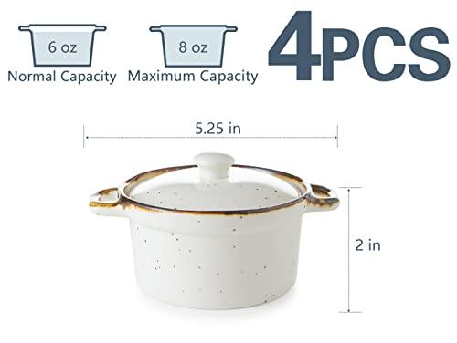 ONEMORE Ceramic Ramekins with Lids - 6oz, Set of 4 - Oven Safe Small Casserole Dish with Handles - Cocotte Set for Individual Serving - Creamy White