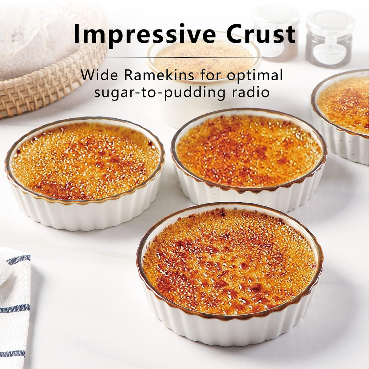 ONEMORE Ramekins 4 oz - Oven Safe Shallow Ramekins for Creme Brulee - Fluted, Set of 6