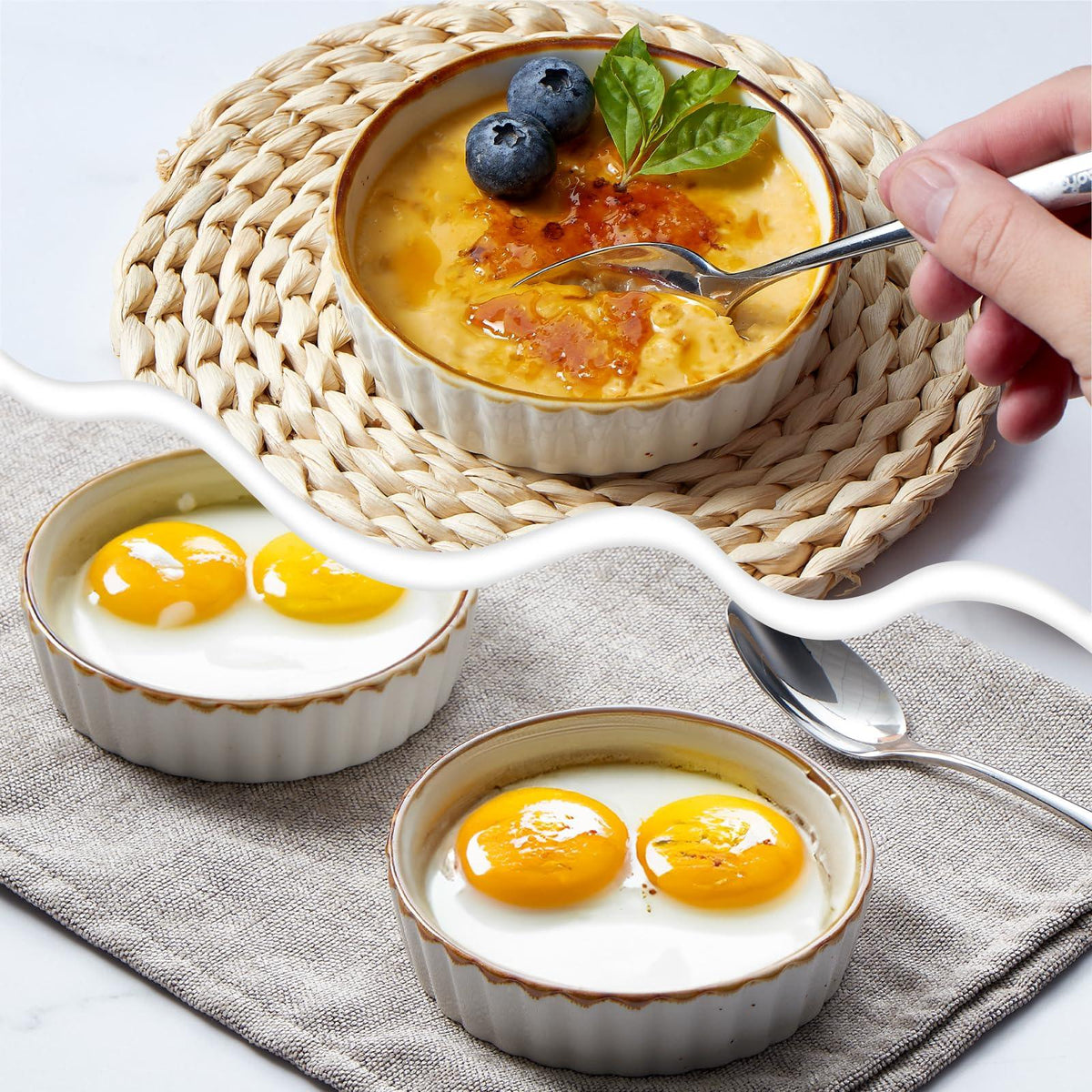 ONEMORE Ramekins 4 oz - Oven Safe Shallow Ramekins for Creme Brulee - Fluted, Set of 6