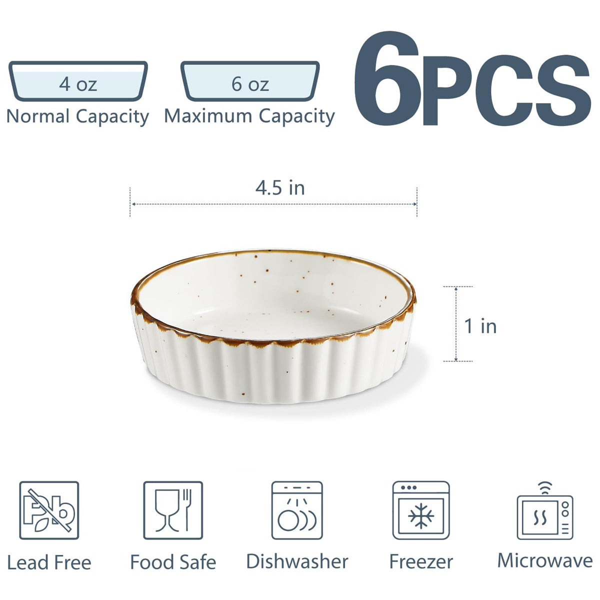 ONEMORE Ramekins 4 oz - Oven Safe Shallow Ramekins for Creme Brulee - Fluted, Set of 6