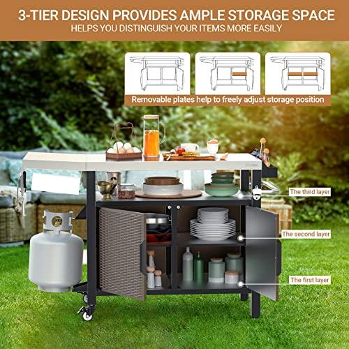 Onlyfire Portable Dining Cart Table with XL Stainless Steel Countertop, Rolling Storage Cabinet with Side Shelf for Indoor Outdoor, Kitchen Island Worktable with Wheels