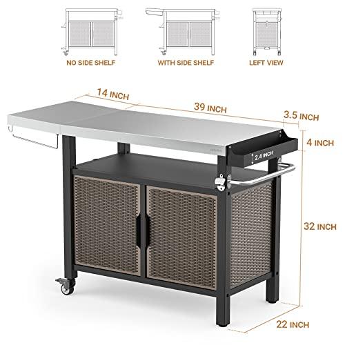 Onlyfire Portable Dining Cart Table with XL Stainless Steel Countertop, Rolling Storage Cabinet with Side Shelf for Indoor Outdoor, Kitchen Island Worktable with Wheels
