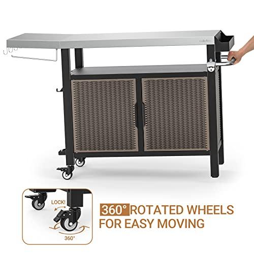 Onlyfire Portable Dining Cart Table with XL Stainless Steel Countertop, Rolling Storage Cabinet with Side Shelf for Indoor Outdoor, Kitchen Island Worktable with Wheels