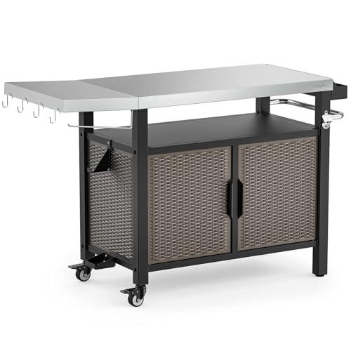 Onlyfire Portable Dining Cart Table with XL Stainless Steel Countertop, Rolling Storage Cabinet with Side Shelf for Indoor Outdoor, Kitchen Island Worktable with Wheels