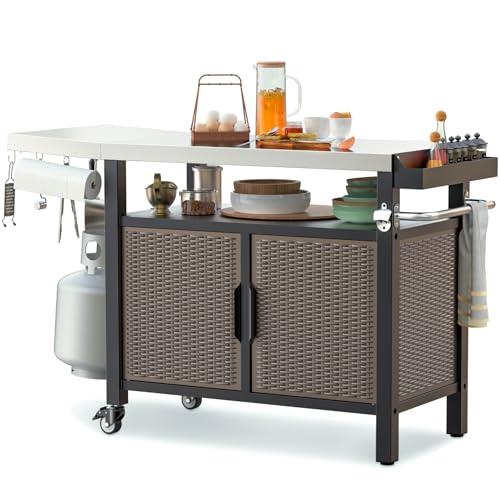 Onlyfire Portable Dining Cart Table with XL Stainless Steel Countertop, Rolling Storage Cabinet with Side Shelf for Indoor Outdoor, Kitchen Island Worktable with Wheels