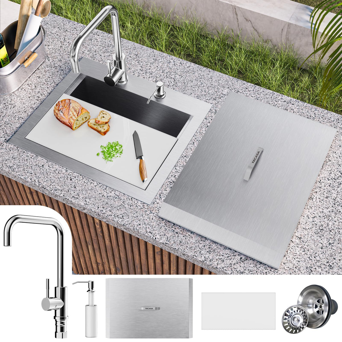 Outdoor Sink, TECASA 21 x 18 Inch Drop-in Workstation Kitchen Sink with Dust Lid and Faucet, T304 Stainless Steel Single Bowl Bar Basin with Cutting Board for Garage, RV, BBQ & Gardening