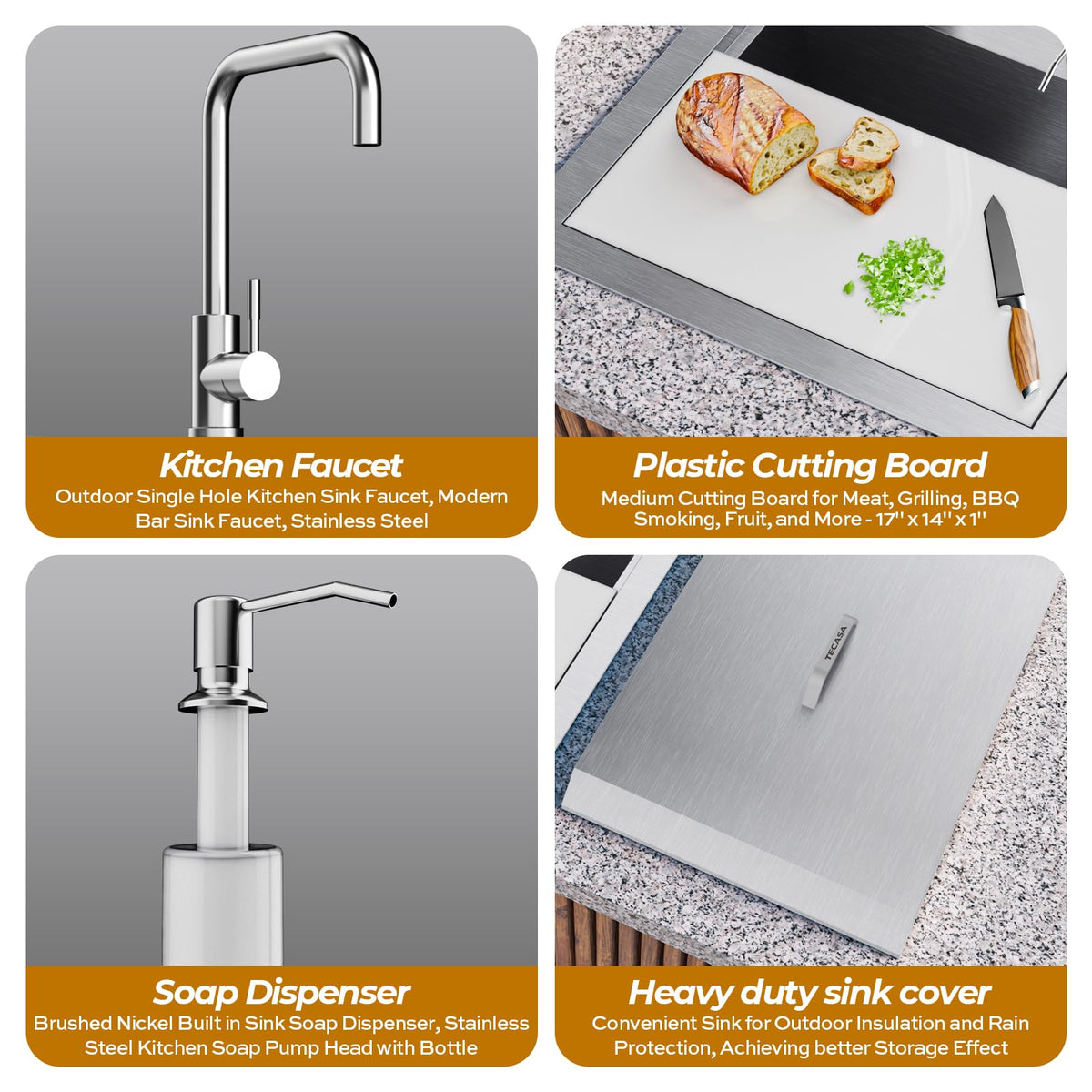 Outdoor Sink, TECASA 21 x 18 Inch Drop-in Workstation Kitchen Sink with Dust Lid and Faucet, T304 Stainless Steel Single Bowl Bar Basin with Cutting Board for Garage, RV, BBQ & Gardening
