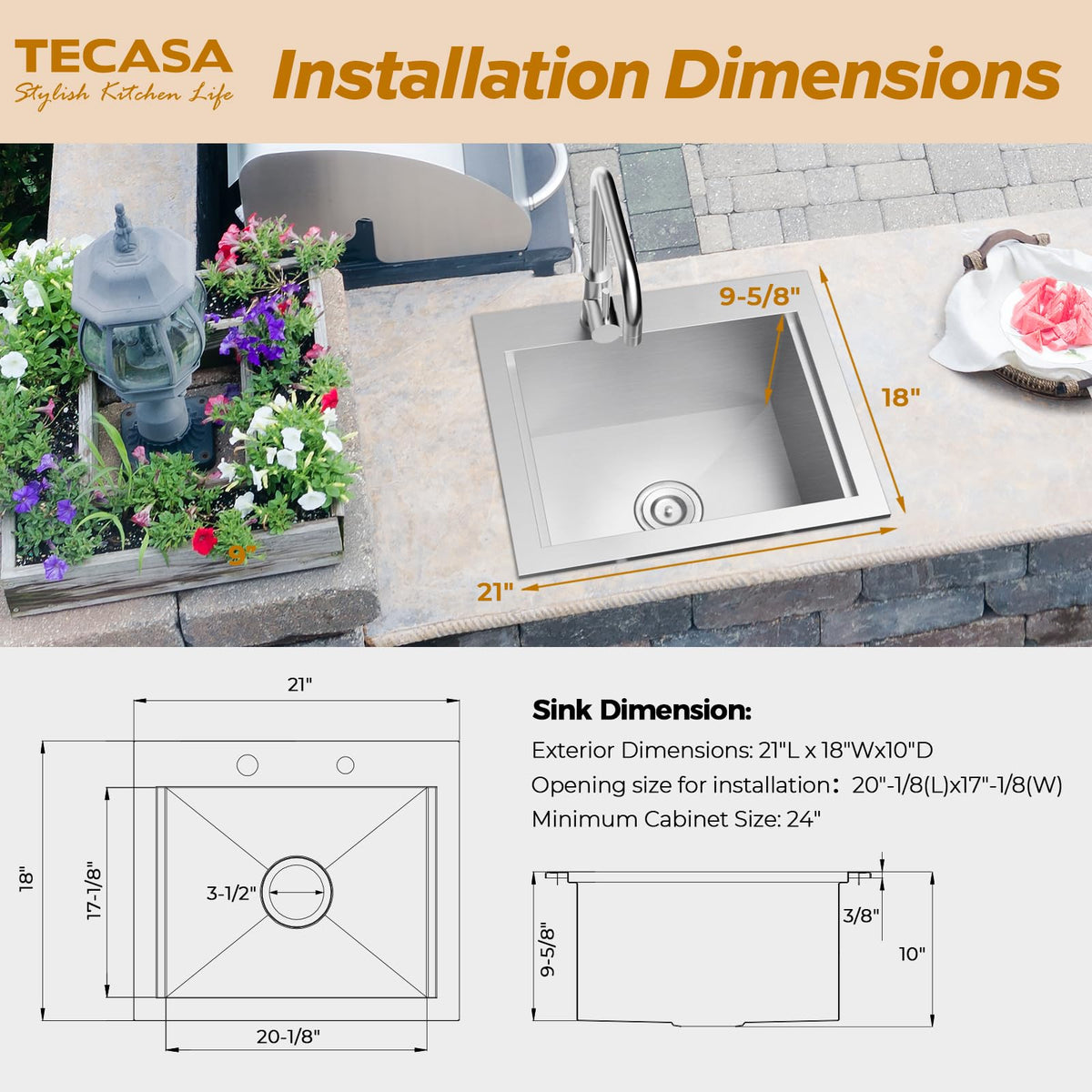 Outdoor Sink, TECASA 21 x 18 Inch Drop-in Workstation Kitchen Sink with Dust Lid and Faucet, T304 Stainless Steel Single Bowl Bar Basin with Cutting Board for Garage, RV, BBQ & Gardening