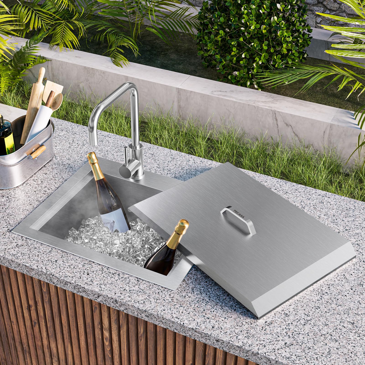 Outdoor Sink, TECASA 21 x 18 Inch Drop-in Workstation Kitchen Sink with Dust Lid and Faucet, T304 Stainless Steel Single Bowl Bar Basin with Cutting Board for Garage, RV, BBQ & Gardening