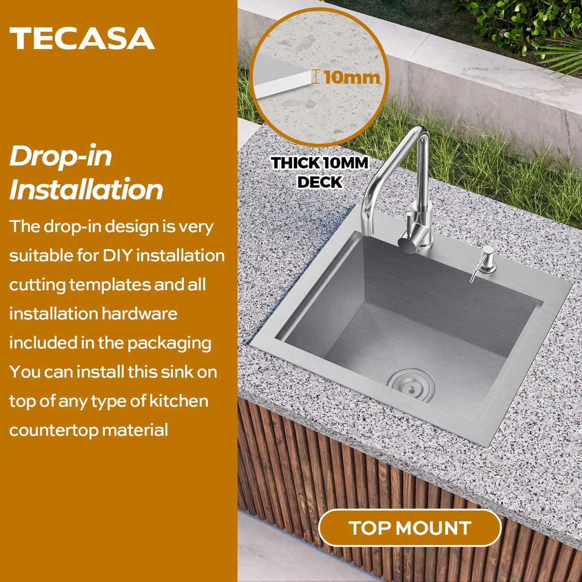 Outdoor Sink, TECASA 21 x 18 Inch Drop-in Workstation Kitchen Sink with Dust Lid and Faucet, T304 Stainless Steel Single Bowl Bar Basin with Cutting Board for Garage, RV, BBQ & Gardening