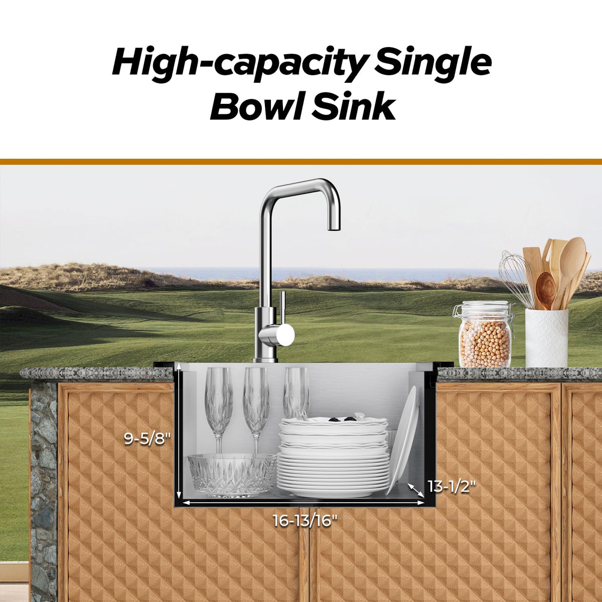 Outdoor Sink, TECASA 21 x 18 Inch Drop-in Workstation Kitchen Sink with Dust Lid and Faucet, T304 Stainless Steel Single Bowl Bar Basin with Cutting Board for Garage, RV, BBQ & Gardening