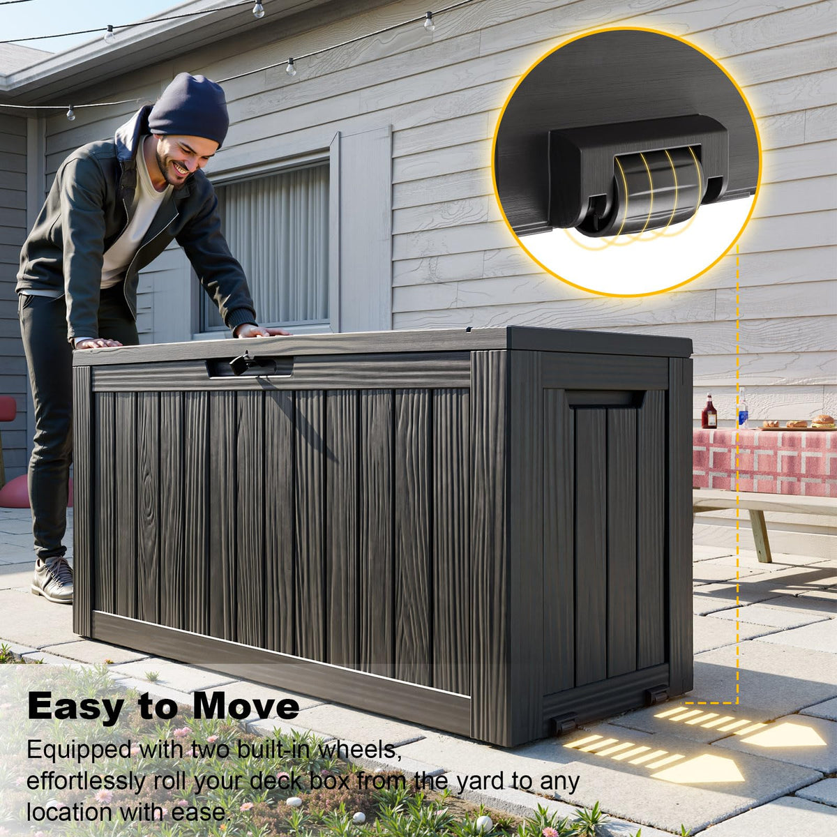 Outdoor Storage Box with Wheels – 75 Gallon Mobile Waterproof Resin Deck Box, Lockable Storage for Patio Cushions, Garden Tools, Pool Accessories – UV-Resistant Storage Bench for Backyard & Deck