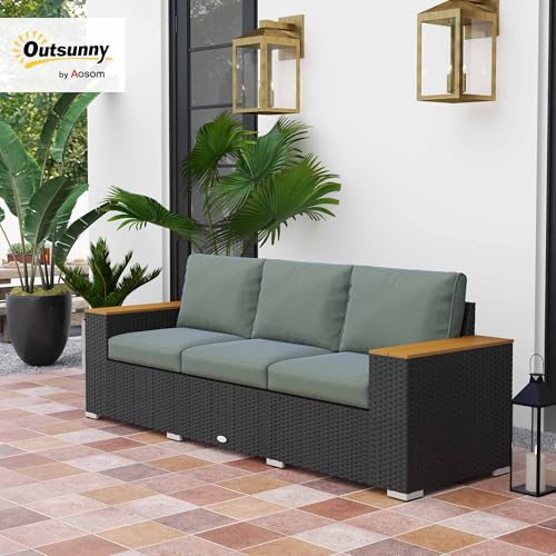 Outsunny 3-Seat Outdoor Patio Sofa with Cushions, PE Rattan Wicker Sofa with Wood Grain Wide Armrests, Outdoor Wicker Couch for Porch, Garden, Sunroom, Poolside, Dark Gray