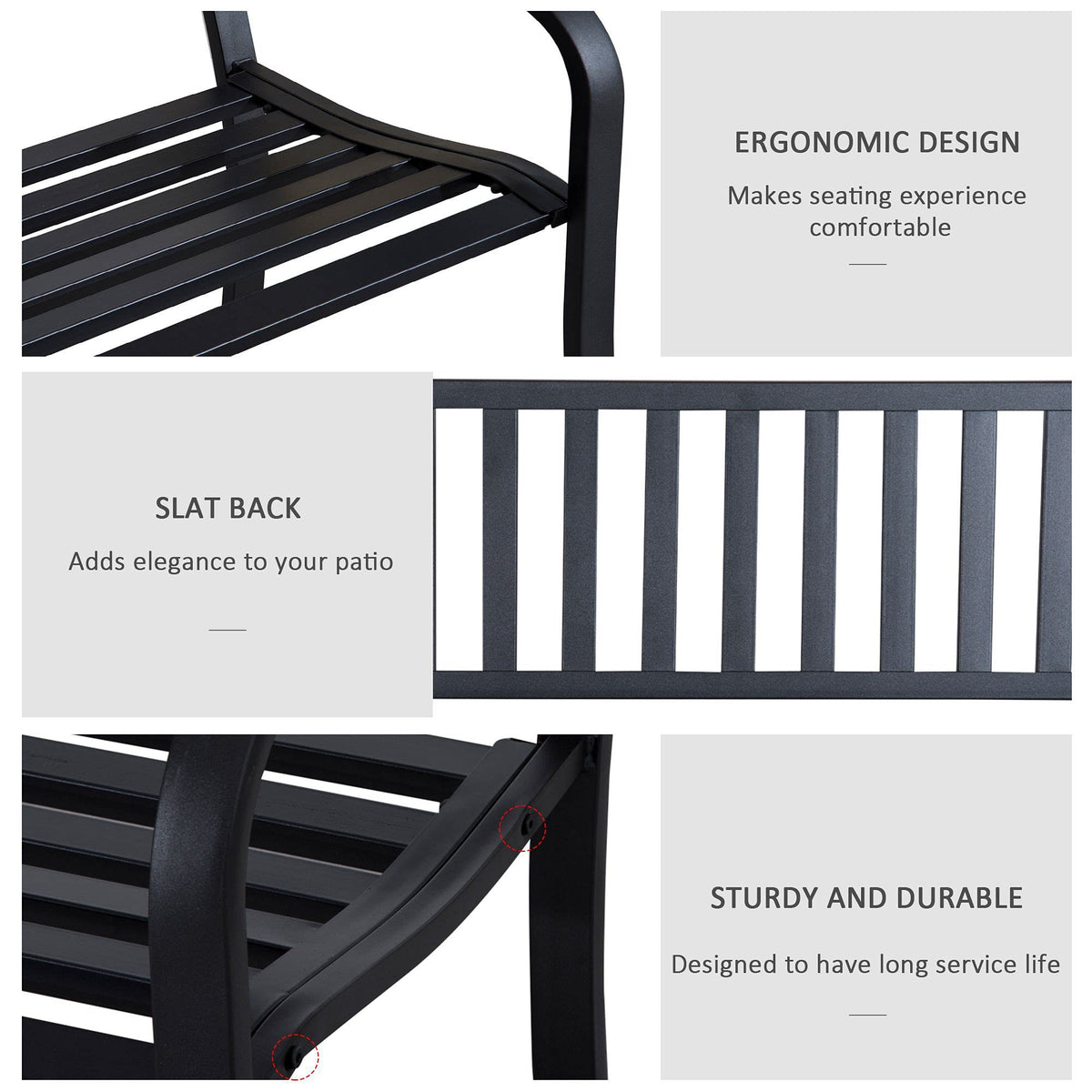 Outsunny 50" Outdoor Garden Bench, Patio Bench with Slatted Seat, Metal Porch Bench for Backyard, Poolside, Lawn, Black