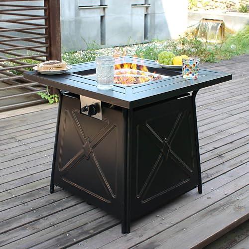 OutVue 28" Fire Pit Table,Gas Fire Pits for Outside Patio,50000 BTU Propane Fire Pits with Lid &Lava Rocks,Firepit for Garden,Yard (Black)
