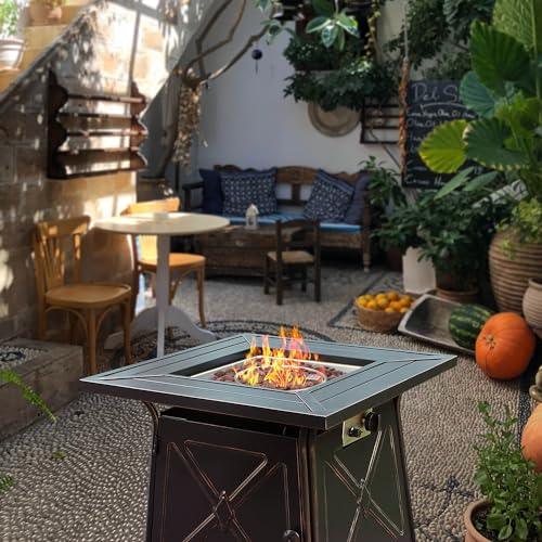 OutVue 28" Fire Pit Table,Gas Fire Pits for Outside Patio,50000 BTU Propane Fire Pits with Lid &Lava Rocks,Firepit for Garden,Yard (Black)