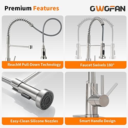 OWOFAN Kitchen Faucet with Pull Down Sprayer Brushed Nickel Stainless Steel Single Handle Pull Out Spring Sink Faucets 1 Or 3 Hole Dual Function for Farmhouse Camper Laundry Utility Rv Wet Bar