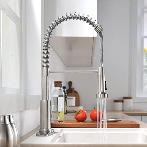 OWOFAN Kitchen Faucet with Pull Down Sprayer Brushed Nickel Stainless Steel Single Handle Pull Out Spring Sink Faucets 1 Or 3 Hole Dual Function for Farmhouse Camper Laundry Utility Rv Wet Bar