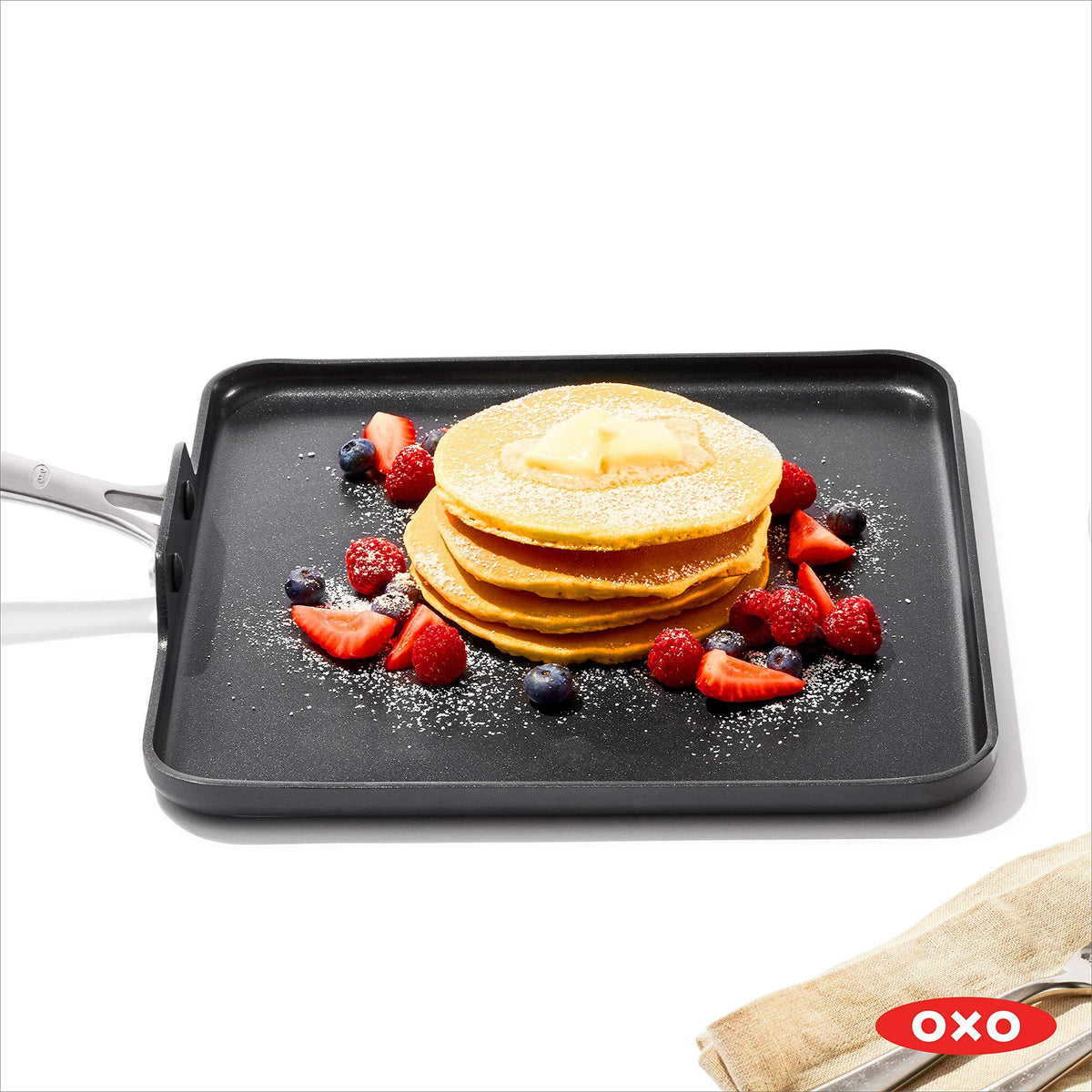 OXO Good Grips Pro 11" Griddle Pan, 3-Layered German Engineered Nonstick Coating, Dishwasher Safe, Oven Safe, Stainless Steel Handle, Black
