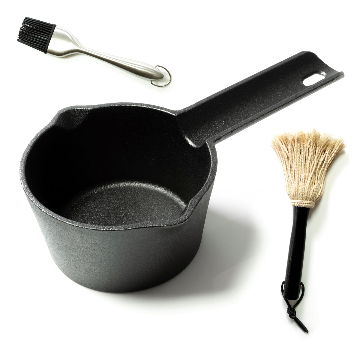 Pajaso Design - Cast Iron Basting Pot Set for Grill Cooking - Melting Pan for BBQ - Complete with Glaze Brush and Sauce Mop