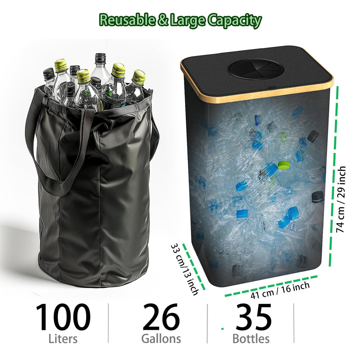 Pakusane Recycling Bin for Kitchen Indoor Home, Large 26 Gallon 100L Recycle Bin with Lid Removeable Reusable Inner Bag Bottle Can Glass Waste Plastice Stickers,Black