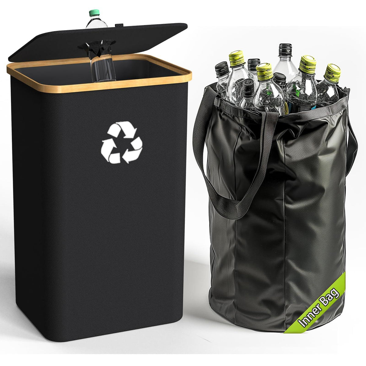 Pakusane Recycling Bin for Kitchen Indoor Home, Large 26 Gallon 100L Recycle Bin with Lid Removeable Reusable Inner Bag Bottle Can Glass Waste Plastice Stickers,Black