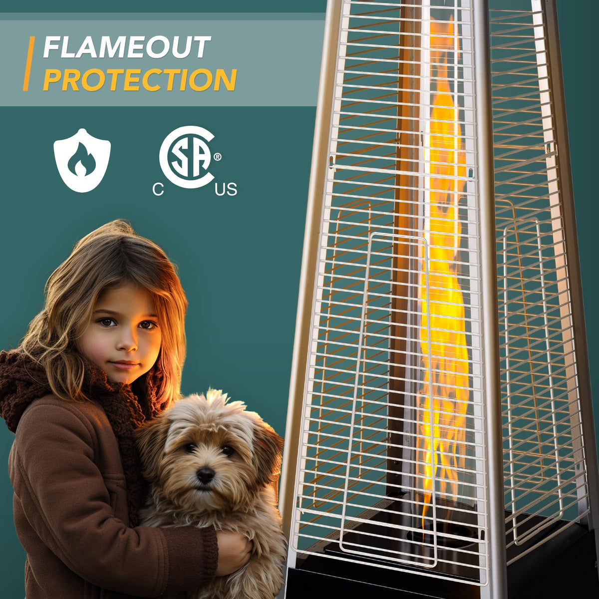 Pamapic Patio Heater with Cover, 48,000 BTU Pyramid Flame Outdoor Heater Quartz Glass Tube Propane