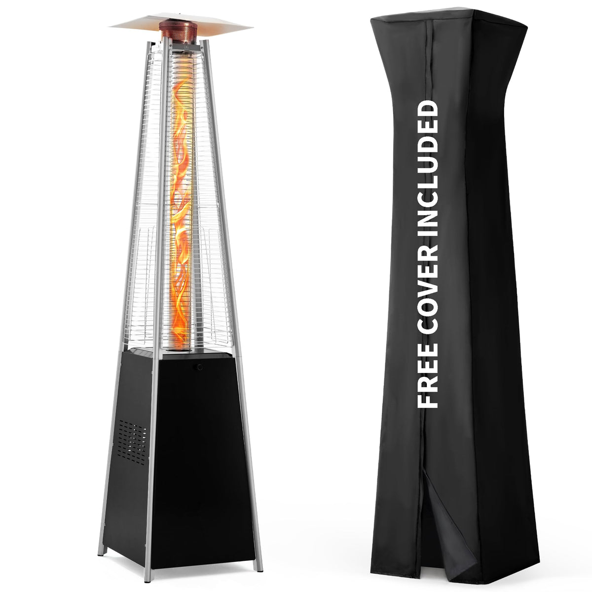 Pamapic Patio Heater with Cover, 48,000 BTU Pyramid Flame Outdoor Heater Quartz Glass Tube Propane