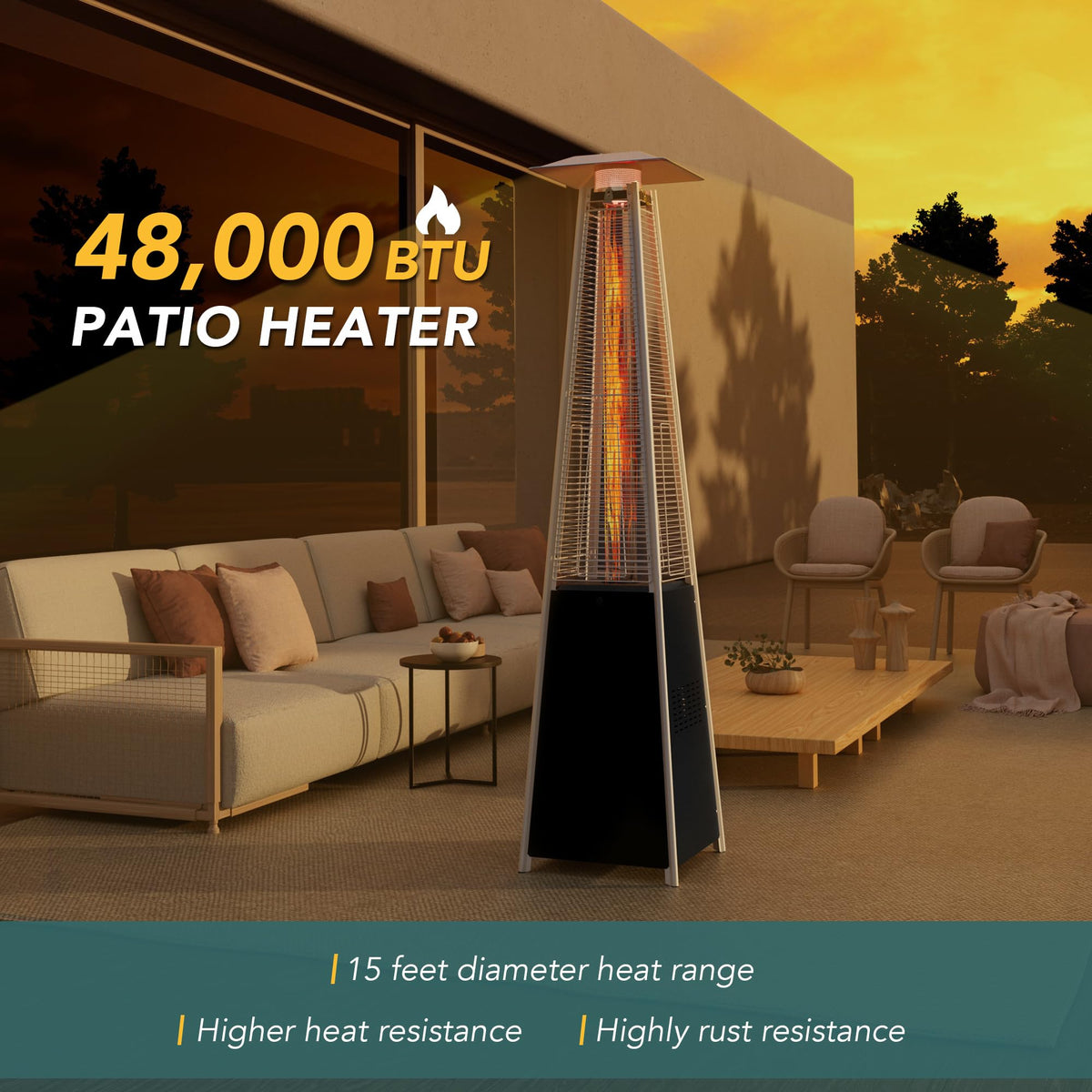 Pamapic Patio Heater with Cover, 48,000 BTU Pyramid Flame Outdoor Heater Quartz Glass Tube Propane