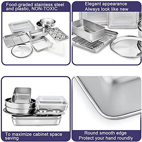 P&P CHEF 12-Piece Stainless Steel Baking Pans Set, Kitchen Bakeware Set, Include Baking Sheet with Rack, Round/Square Cake Pan, Lasagna Pan, Loaf Pan, Muffin Pan, Pizza Tray & 2 Covers, Durable