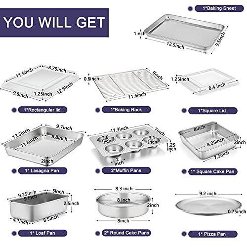P&P CHEF 12-Piece Stainless Steel Baking Pans Set, Kitchen Bakeware Set, Include Baking Sheet with Rack, Round/Square Cake Pan, Lasagna Pan, Loaf Pan, Muffin Pan, Pizza Tray & 2 Covers, Durable