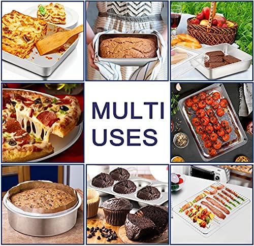 P&P CHEF 12-Piece Stainless Steel Baking Pans Set, Kitchen Bakeware Set, Include Baking Sheet with Rack, Round/Square Cake Pan, Lasagna Pan, Loaf Pan, Muffin Pan, Pizza Tray & 2 Covers, Durable