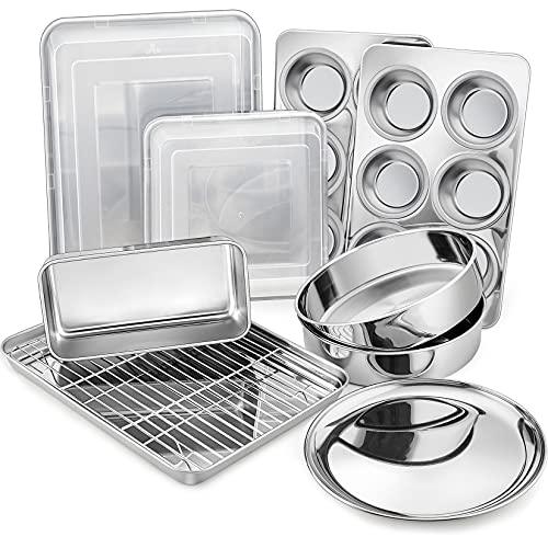 P&P CHEF 12-Piece Stainless Steel Baking Pans Set, Kitchen Bakeware Set, Include Baking Sheet with Rack, Round/Square Cake Pan, Lasagna Pan, Loaf Pan, Muffin Pan, Pizza Tray & 2 Covers, Durable