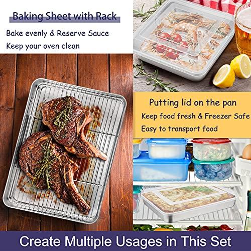 P&P CHEF 12-Piece Stainless Steel Baking Pans Set, Kitchen Bakeware Set, Include Baking Sheet with Rack, Round/Square Cake Pan, Lasagna Pan, Loaf Pan, Muffin Pan, Pizza Tray & 2 Covers, Durable