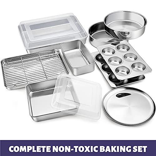 P&P CHEF 12-Piece Stainless Steel Baking Pans Set, Kitchen Bakeware Set, Include Baking Sheet with Rack, Round/Square Cake Pan, Lasagna Pan, Loaf Pan, Muffin Pan, Pizza Tray & 2 Covers, Durable