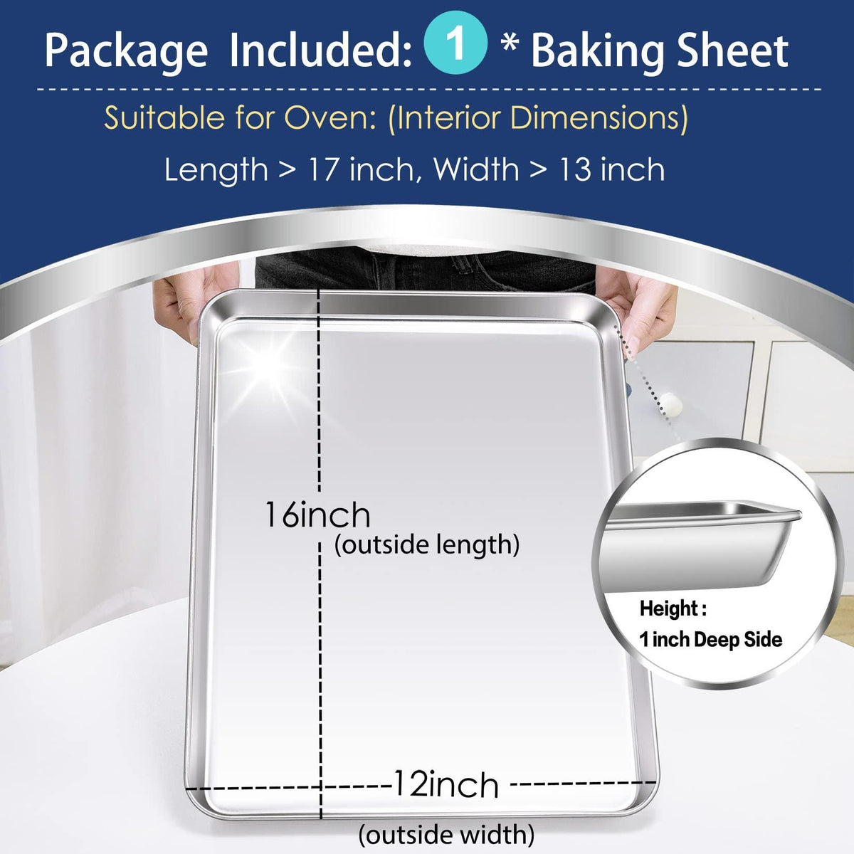 P&P CHEF Large Baking Sheet, Stainless Steel Cookie Sheet Baking Pan Tray, Rectangle 16''x12''x1'', Healthy & Non Toxic, Mirror Finish & Dishwasher Safe