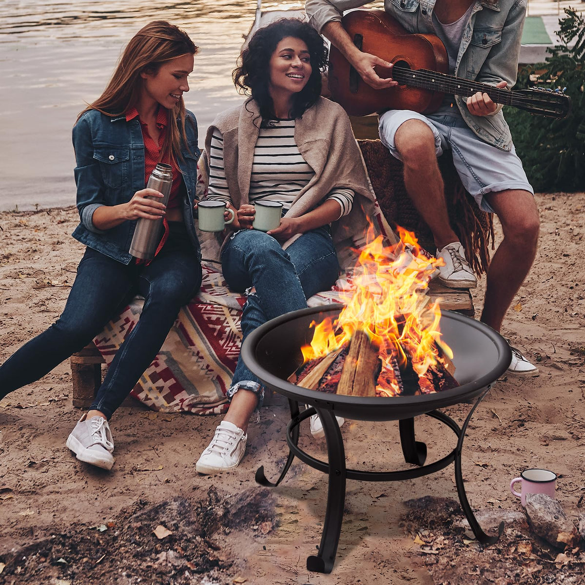 Panovue 22 in Firepit for Outside Outdoor Small Fire Pit,Durable Firepit with Mesh Lid,Log Grate,and Fire Poker,Fire Pit for Outside Backyard.Deck.Camping and Picnic