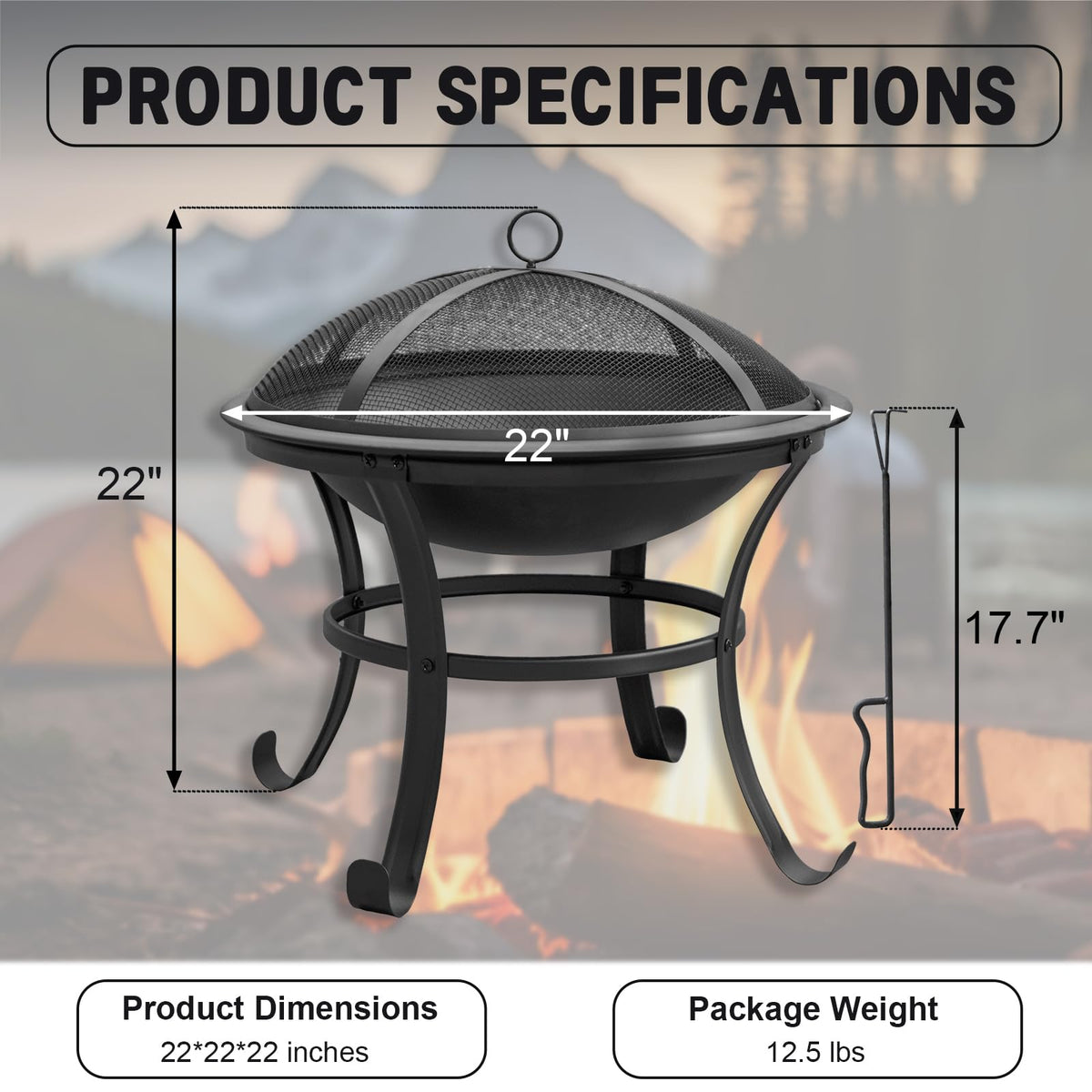 Panovue 22 in Firepit for Outside Outdoor Small Fire Pit,Durable Firepit with Mesh Lid,Log Grate,and Fire Poker,Fire Pit for Outside Backyard.Deck.Camping and Picnic