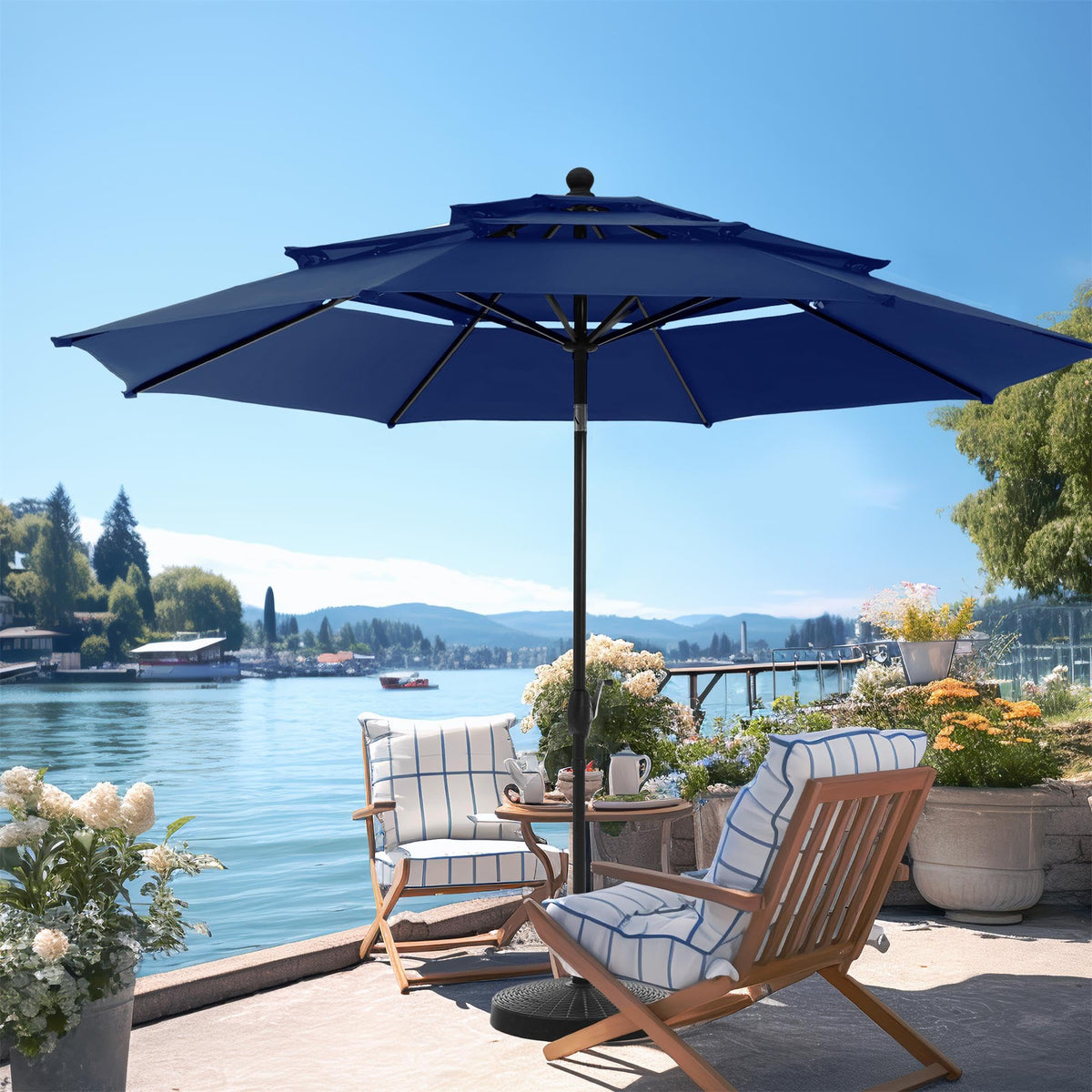 PHI VILLA 10ft Outdoor Patio Umbrellas for Outside, 3 Tier Vented Market Table Umbrella Windproof for Backyard, Deck, Garden, 1.5" Pole, Dark Blue（No Base）