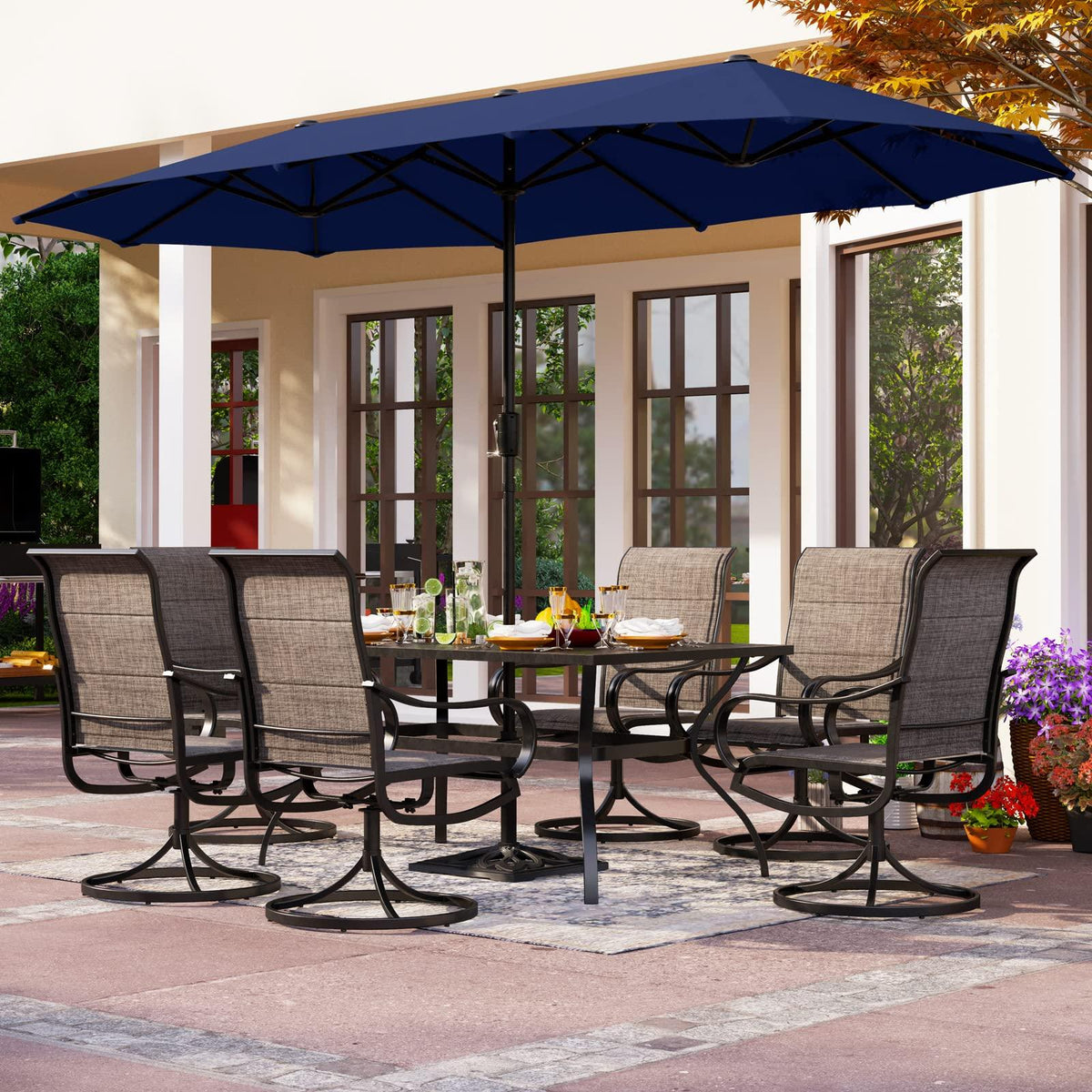 PHI VILLA 13ft Outdoor Market Umbrella Double-Sided Twin Large Patio Umbrella with Crank, Navy Blue