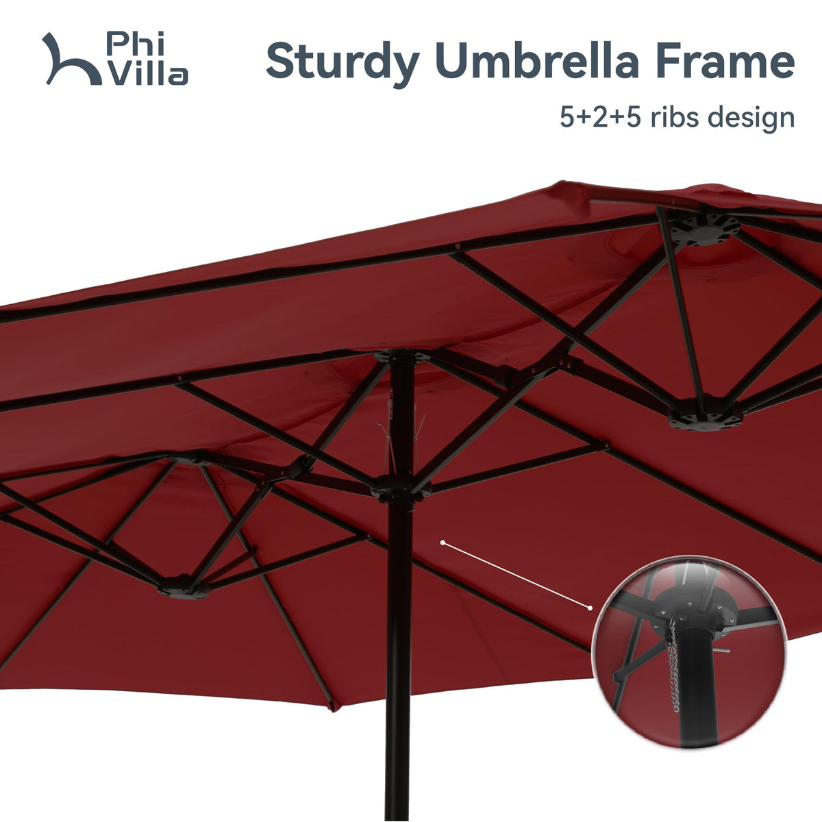 PHI VILLA 15ft Patio Umbrella Double-Sided Outdoor Market Extra Large Umbrella with Crank, Umbrella Base Included (Dark Red)