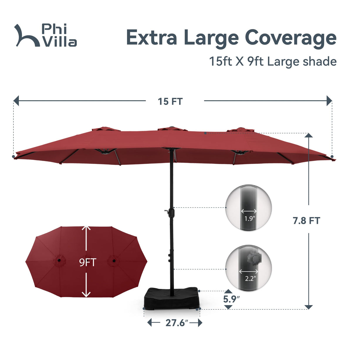 PHI VILLA 15ft Patio Umbrella Double-Sided Outdoor Market Extra Large Umbrella with Crank, Umbrella Base Included (Dark Red)