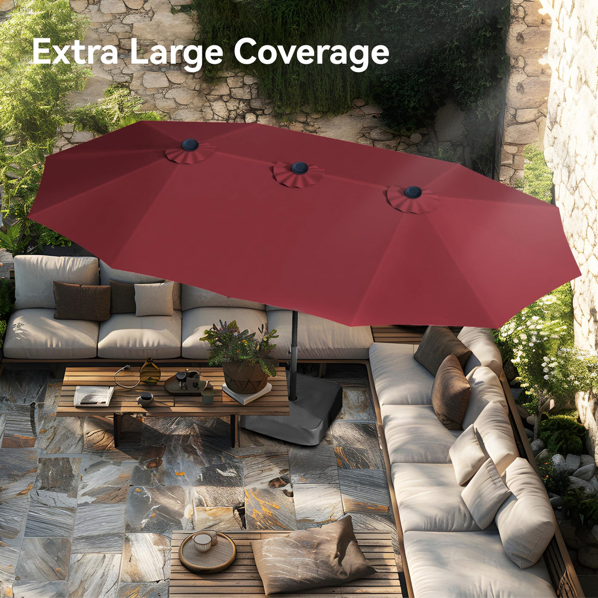 PHI VILLA 15ft Patio Umbrella Double-Sided Outdoor Market Extra Large Umbrella with Crank, Umbrella Base Included (Dark Red)