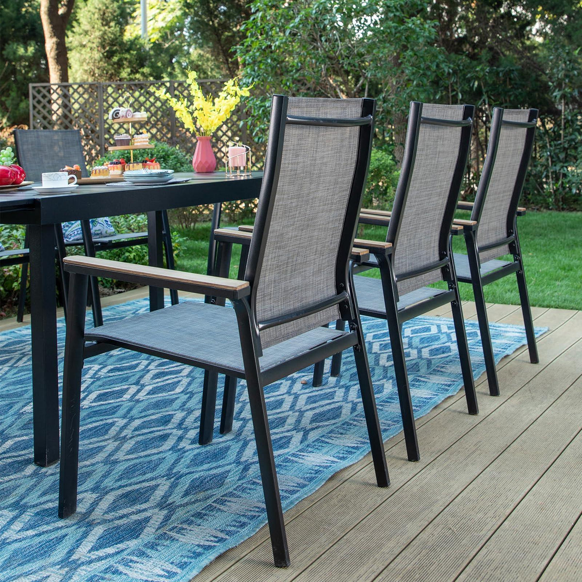 PHI VILLA Patio Dining Chairs Set of 4, Outdoor Lightweight Stackable Chair,All-Aluminum Frame and Sling Fabric, Wood-Like Armrest & Wider Seat for Deck Backyard Restaurant